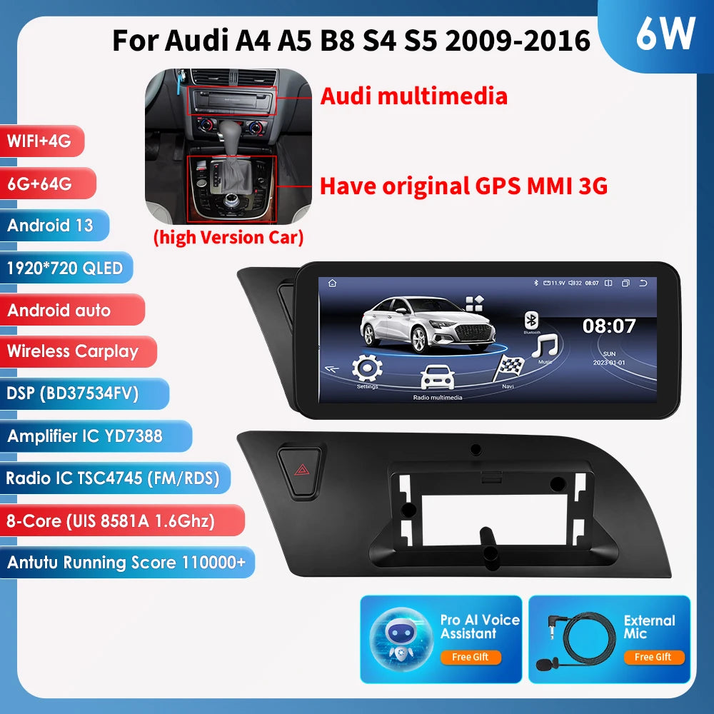 Hizpo AI Voice WIFI 4G-LTE Android 13 Car Radio for Audi A4 A5 B8 S4 S5 2009-2016 Multimedia Video Player GPS 2din BT Autoradio