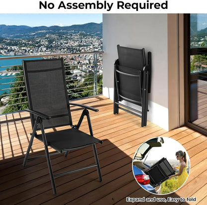 2PCS Deluxe Tuinstoelen - Aluminium Opvouwbare Stoelen met 7-Verstelbare Rugleuning en Armleuningen - Ademend Campingstoel voor Tuin - Balkon - Zwart
