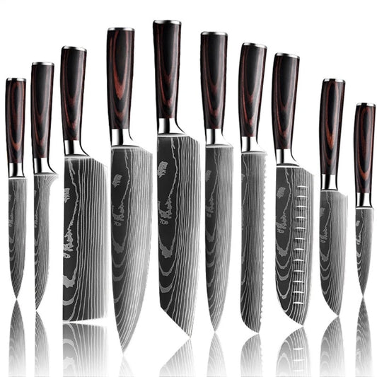 Kitchen Knives - Knife set - Chef Knife - Knives - Kitchen Knife - Japanese Damascus Pattern - Chef's Knife Set - Stainless Steel - Ultra Sharp Blade - Knives for the Chef's Gift - With Brown Handle