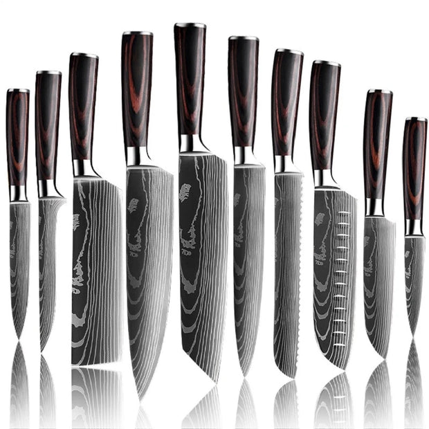 Keukenmessen - Knife set - Chef Knife - Knives - Kitchen Knife - Japans Damascus-patroon - Chef-Koksmessenset - Roestvrij Staal - Ultrascherp Lemmet - Messen voor het Cadeau van de Chef-Kok - Met Bruin Handvat