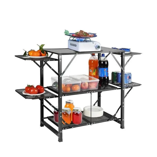 Kampeerkeuken Tafel - Kampeerkeuken - Camping Keuken Slijtvastheid – Kampeer Keuken – Draagbaar kookstation - BBQ's - Lichtgewicht - Campingkast Opvouwbaar - met opbergtas - BBQ, camperreizen - Zwart