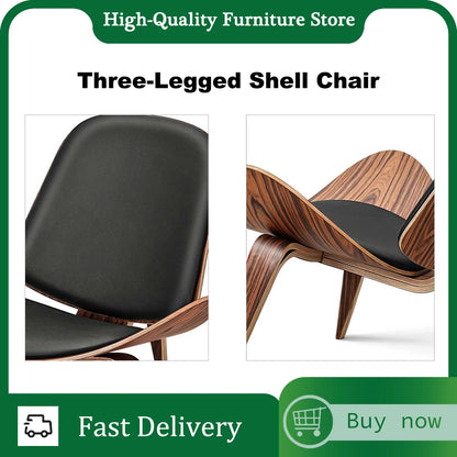 Fauteuil – Lounge Stoel – Eetkamerstoel – Zitstoel – Shell Chair – Zwarte Walnoot Stof – Driepoot Houten Frame – Comfortabele Hoogwaardige Vulling