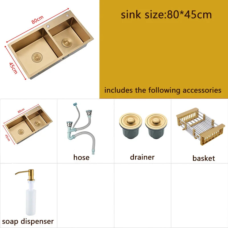 Gouden Spoelbak – Keukenspoelbak – Dubbele Spoelbak – RVS Spoelbak – Aanrechtbak – 80x45 cm – Roestvrij Staal 304 – Inclusief Zeefmand en Zeeppompje