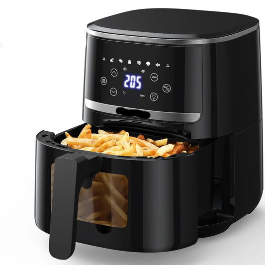 Digitale Airfryer - PFAS vrij - Groot 5 Liter - Heteluchtfriteuse - Zwart - Digital screen - 8 Voorinstellingen - Inclusief in hoogte verstelbaar Grillrack - 2000W