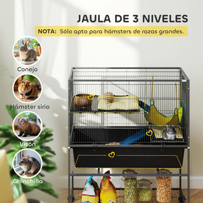 Dierenkooi – Kleine Dierkooi – Konijnenkooi – Fretkooi – Chinchillakooi – 3-Laags Met Vier Wieltjes – Diepe Uitneembare Bak - 88 x 48 x 102 cm - Donkergrijs