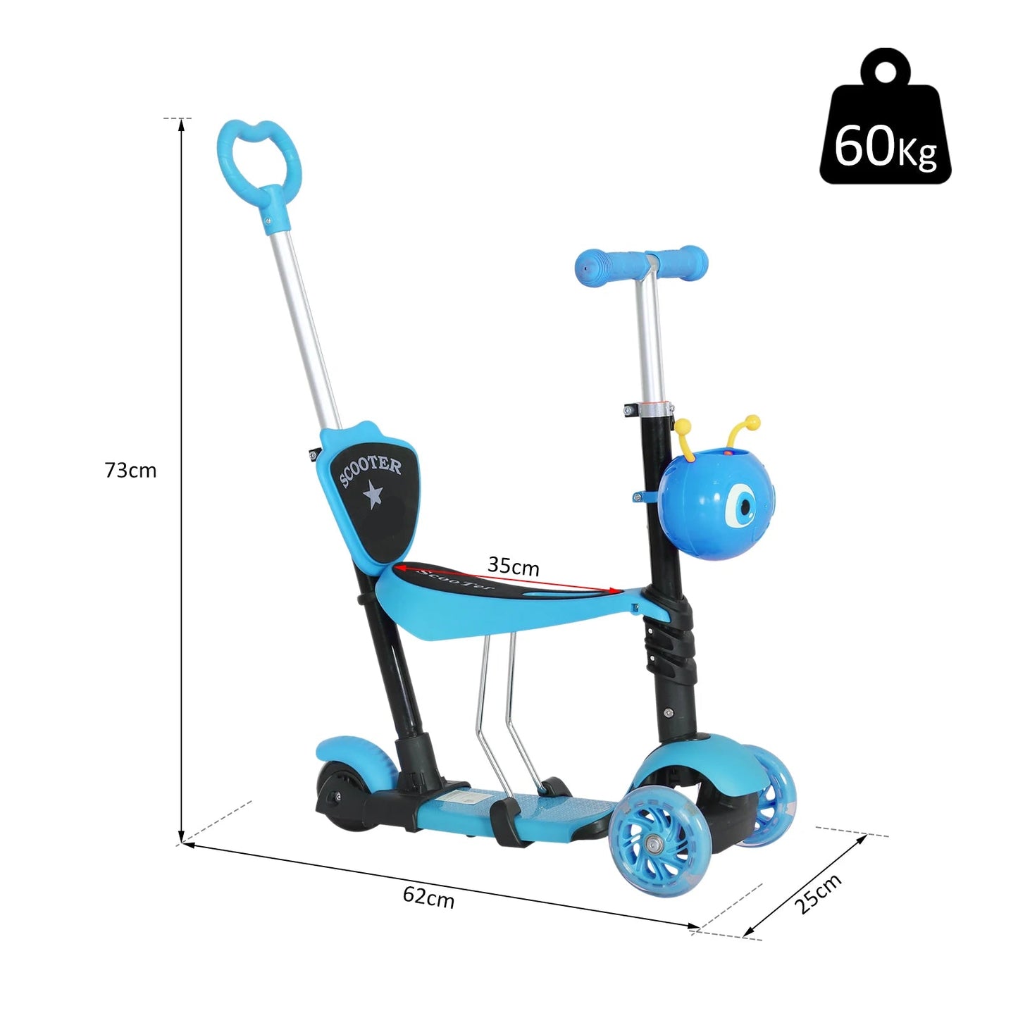 Scooter - Kinderstep - Cityroller - voor Kinderen - 3 jaar - met Verwijderbare Zitting - In Hoogte Verstelbaar - voor Buiten - Parken - 62 x 25 x 72.5 cm - Blauw