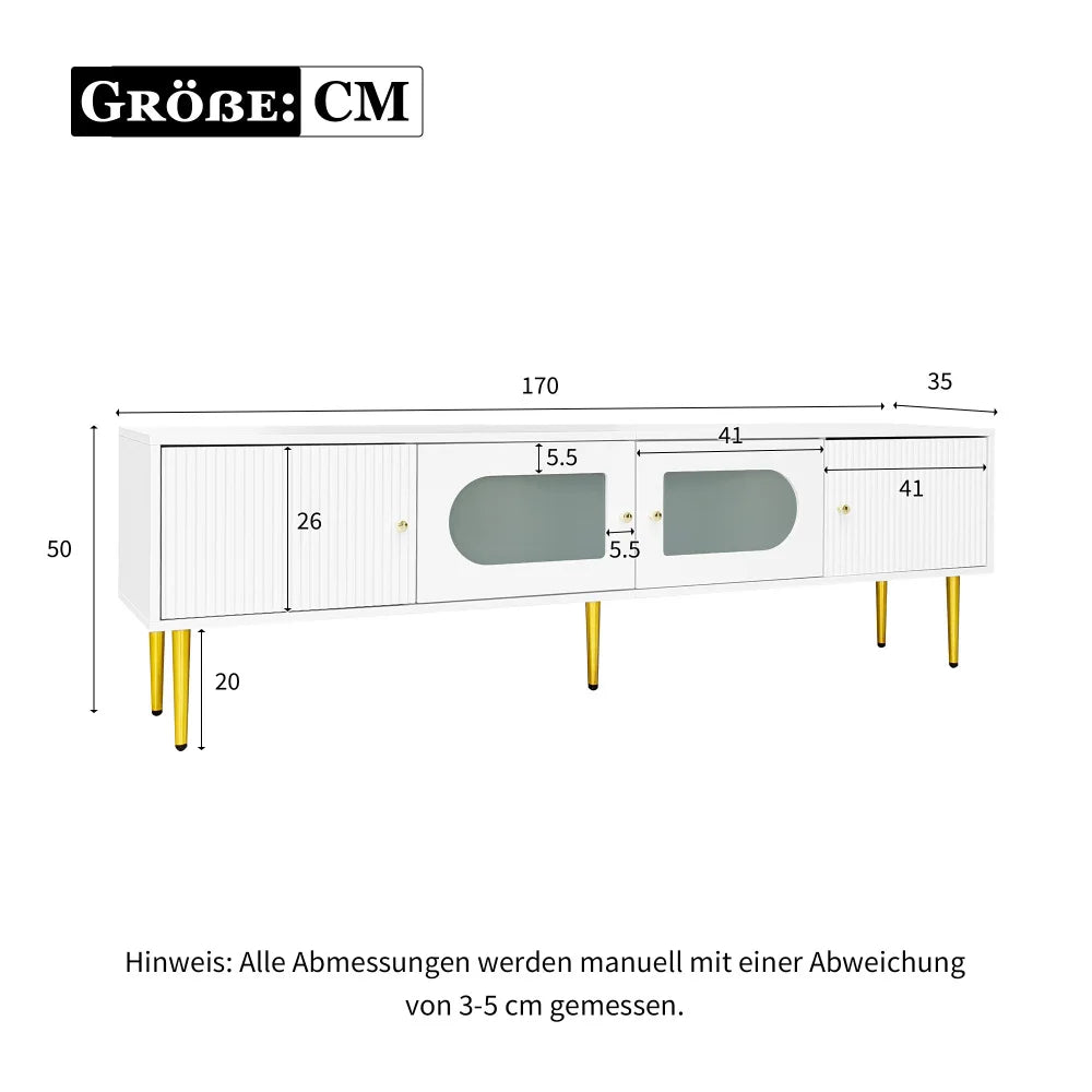 TV-Meubel – Tv-Kast – Meubel Voor Televisie – TV Dressoir – Witgelakt Met Gouden Poten – Ruimte Voor Tv Tot 79 Inch – Geruisloze Scharnieren