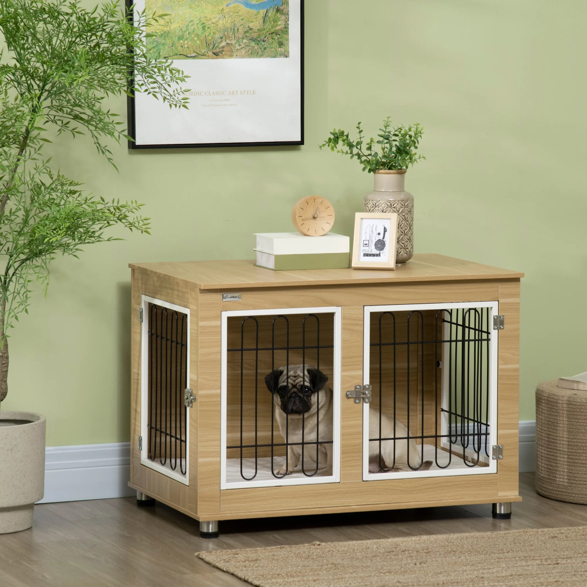 Hondenbench – Hondenkooi – Hondenhok – Huisdier Bench – Middelgrote Honden Tot 25 Kg – Verstelbare Poten – Comfortabel Wasbaar Kussen - 90 x 58 x 65 cm - Eik - QUORE