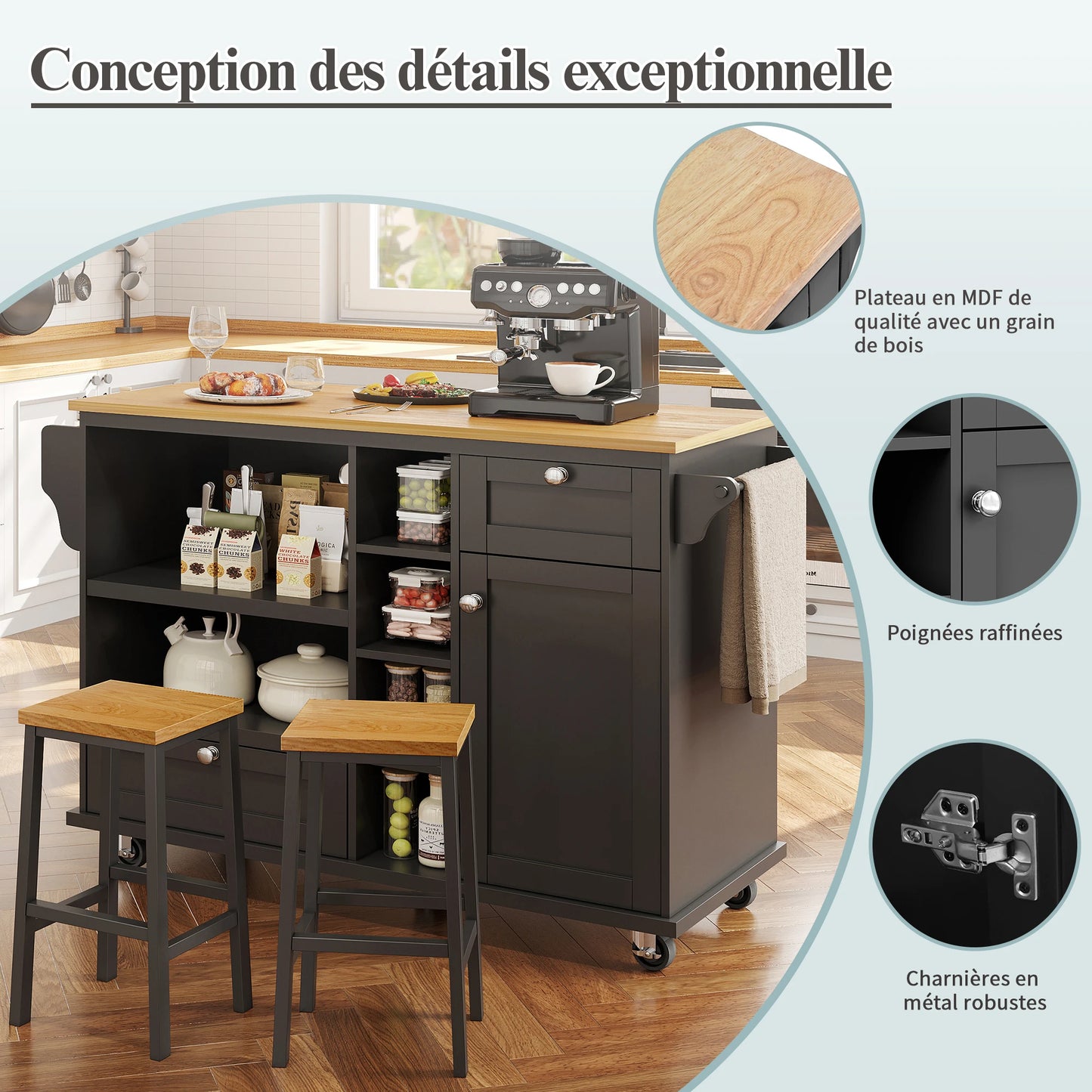 Serveertrolley – Keukentrolley – Serveerwagen – Mobiele Trolley – Opbergtrolley – Zwart MDF Frame – Lichtbruin Houten Werkblad – 2 Laden – 4 Wieltjes Met Remmen