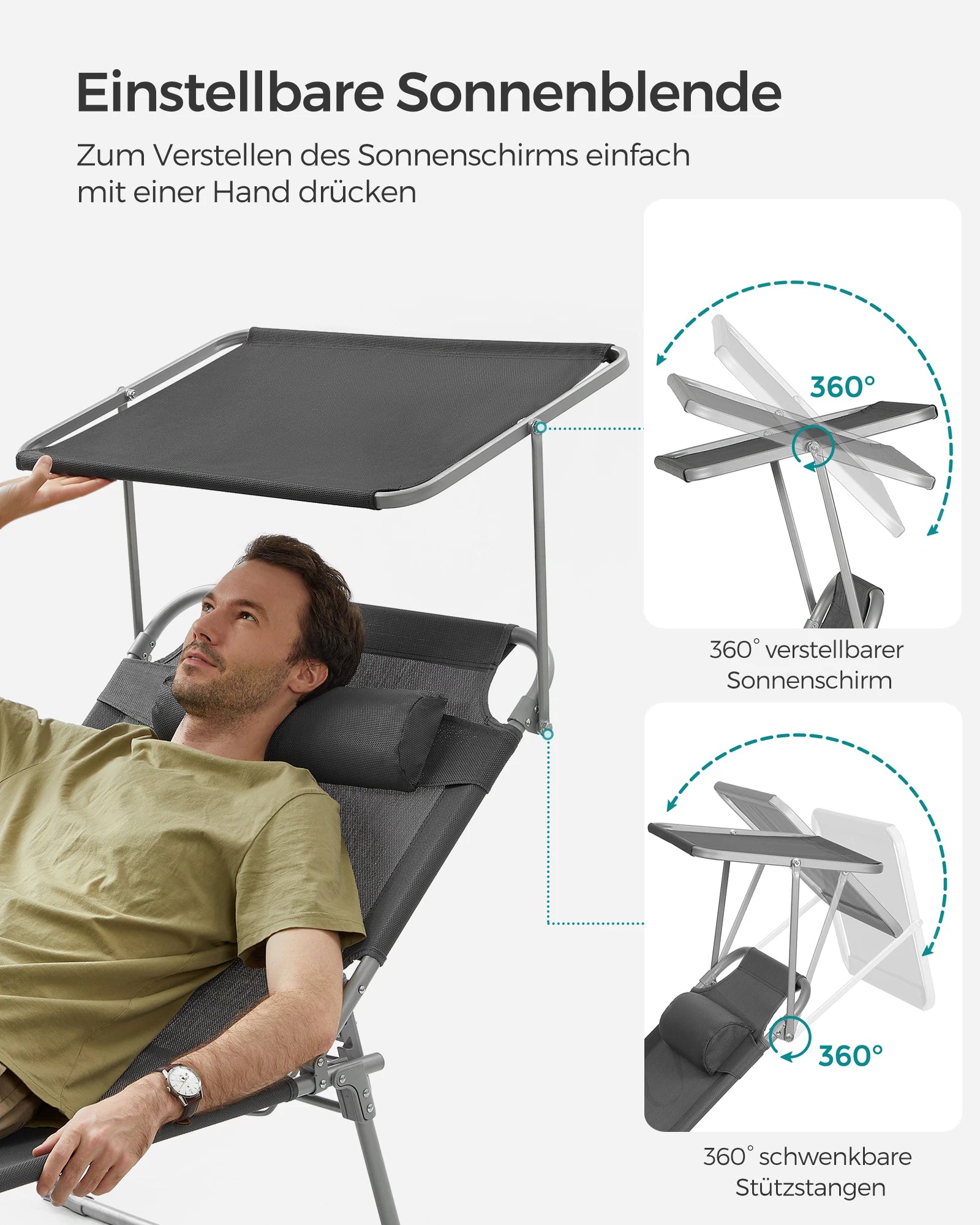 Zonnebed – Ligstoel – Tuinbed – Strandbed – Inklapbaar – Verstelbare Parasol – Gepoedercoat Staal - QUORE