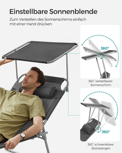 Zonnebed – Ligstoel – Tuinbed – Strandbed – Inklapbaar – Verstelbare Parasol – Gepoedercoat Staal - QUORE