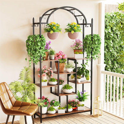 Plantenstandaard Binnen - Plantenrek Binnen - Industrieel Plantenrek - 190cm - 5-Laags Hoge - Metalen en Haken - Houten Planken - voor Binnen & Buiten - Broen