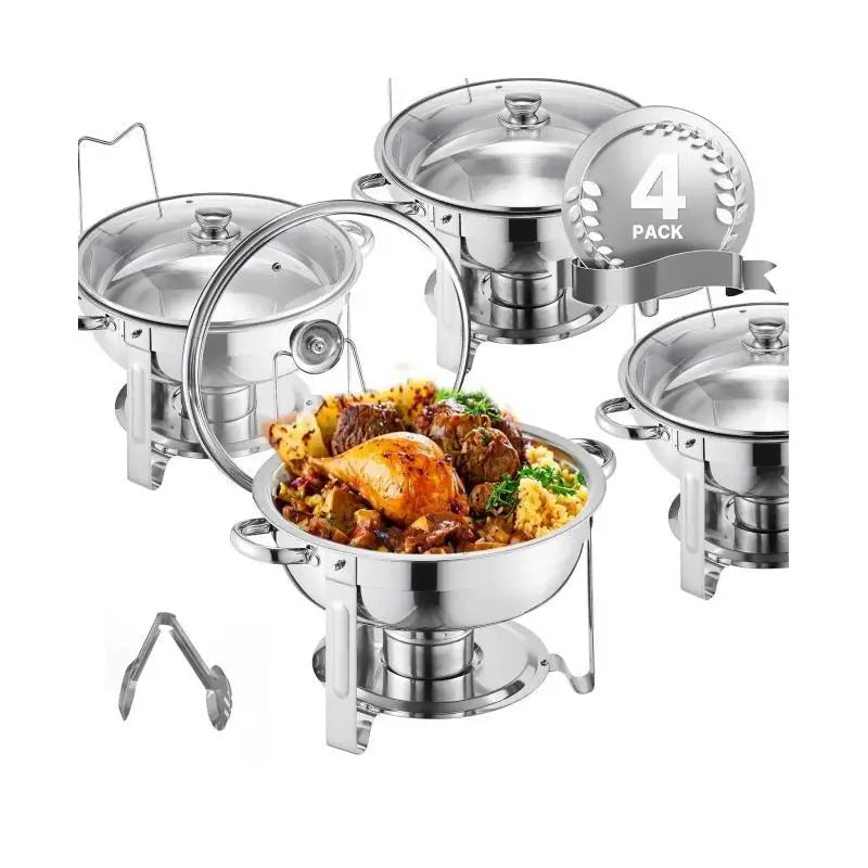 Chafing Dish - Warmhoudplaat - Buffetwarmer Set - Rechaud - Buffet Warmhoudpannen - met Glazen Deksel - voor Feesten & Banketten - Set van 4 - Zilver - QUORE