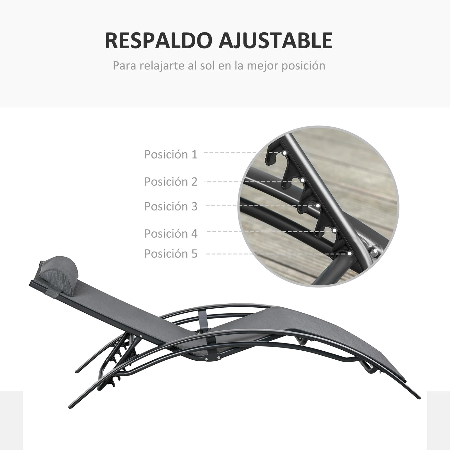Verstelbare Lounger met Rugleuning en Afneembare Hoofdkussen - Tuinstoel voor Terras, Balkon en Zwembad - Grijze Aluminium Stoel - QUORE