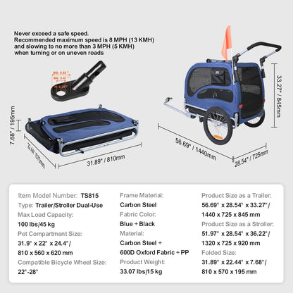 Hondenfietskar - Fietskarren - Fietskar - Fietskar Bagage - 2-in-1 Pet Stroller - 100Lbs - Opvouwbaar - Inklapbare Aanhanger - met Wielen Universele Koppeling - voor Honden Katten