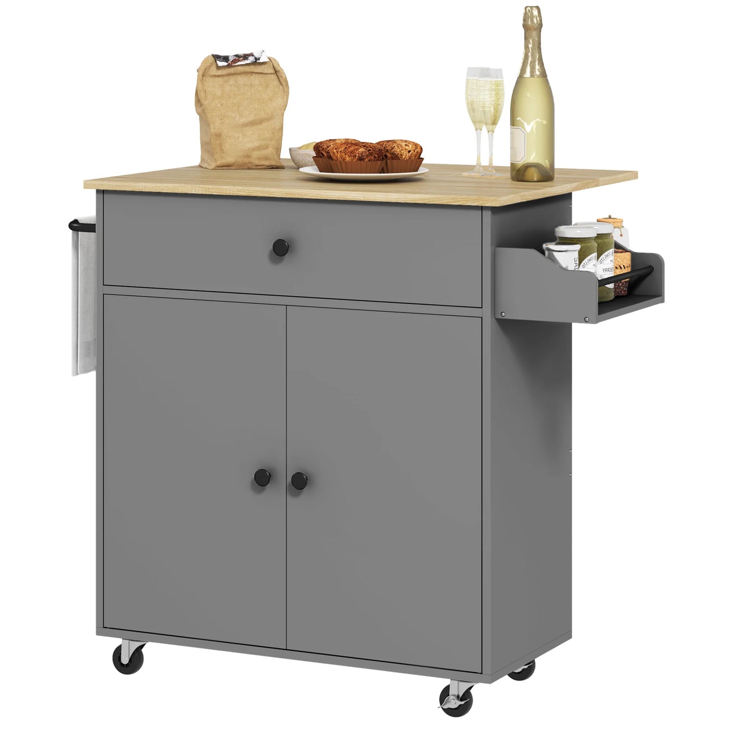 Keukeneiland – Keukentrolley – Kookeiland – Keukenkast – Serveerwagen – Inklapbaar Werkblad – Met Wieltjes En Opbergruimte - Grijs en Eiken - QUORE