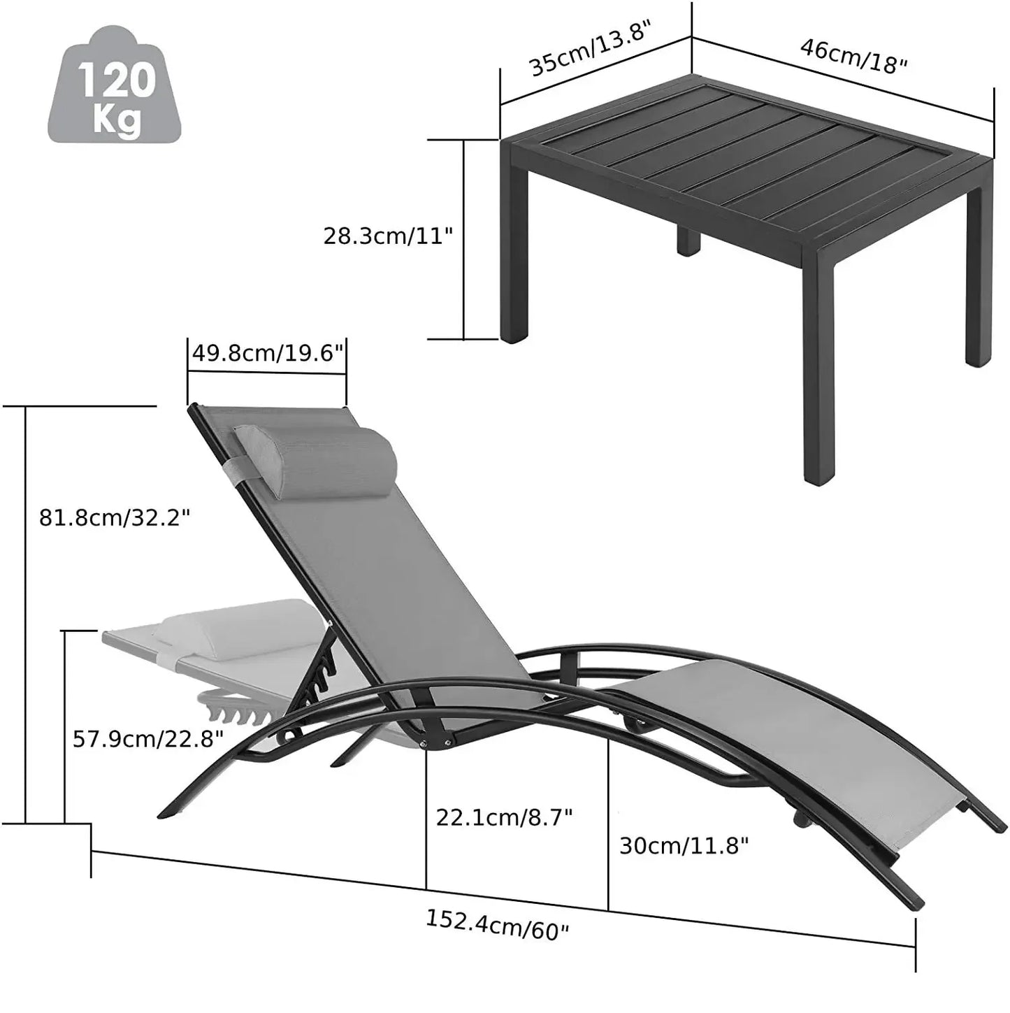 Verstelbare Ligstoel Set – Aluminium Ligstoel – Ligbed Buiten – Tuinmeubilair – Lichtgewicht Frame – Textilene Bekleding