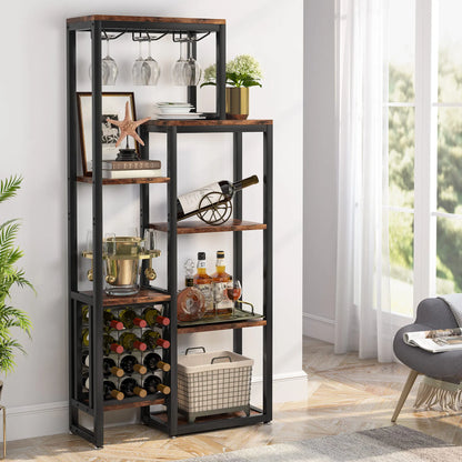 Wijnrek – Wijnhouder – Wijnflessenrek – Glazenhouder – Vloerstaand – 12 Flessen – 3-in-1 Ontwerp - Bruin - QUORE