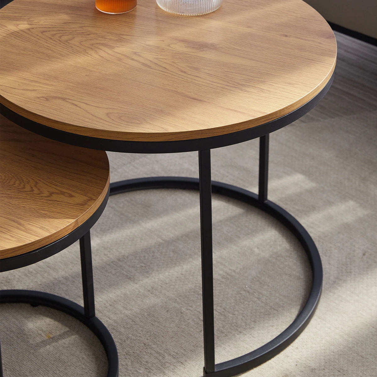Table - 2pcs - Scandinavian Round Table - Modern Minimalist - Solid Wood Lid - Steel Frame - L60 x W60 x H44.5cm (Large) - L40 x W40 x H34.5cm (Small) - Light Oak