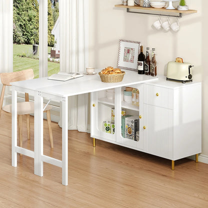 White Buffet Sideboard With Foldable And Pull-Out Table Top, Rotatable Surface, Glass Sliding Doors For Dining Room And Kitchen
