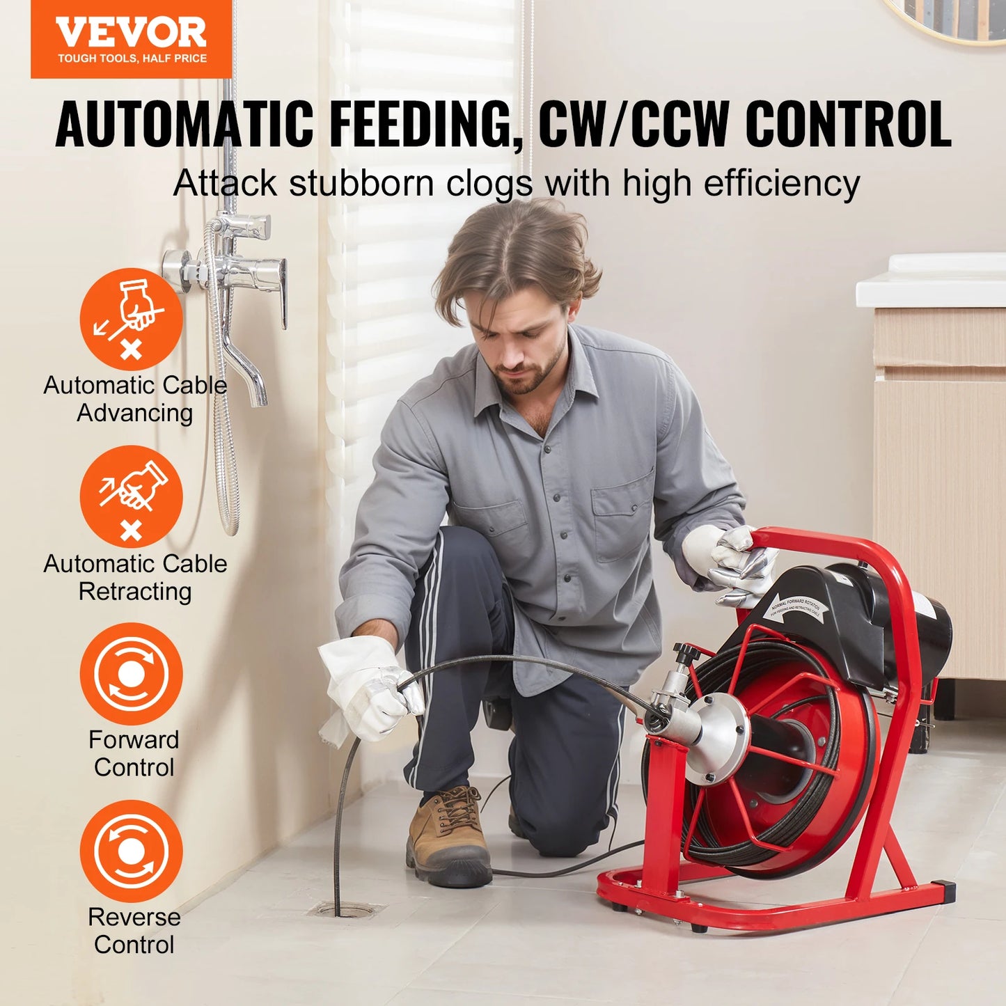 SucceBuy 50FT Drain Cleaner Machine Auto Feed Sewer Snake Auger Electric Drain Cleaning Machine Pipe Tube Clean Tool for Homeuse