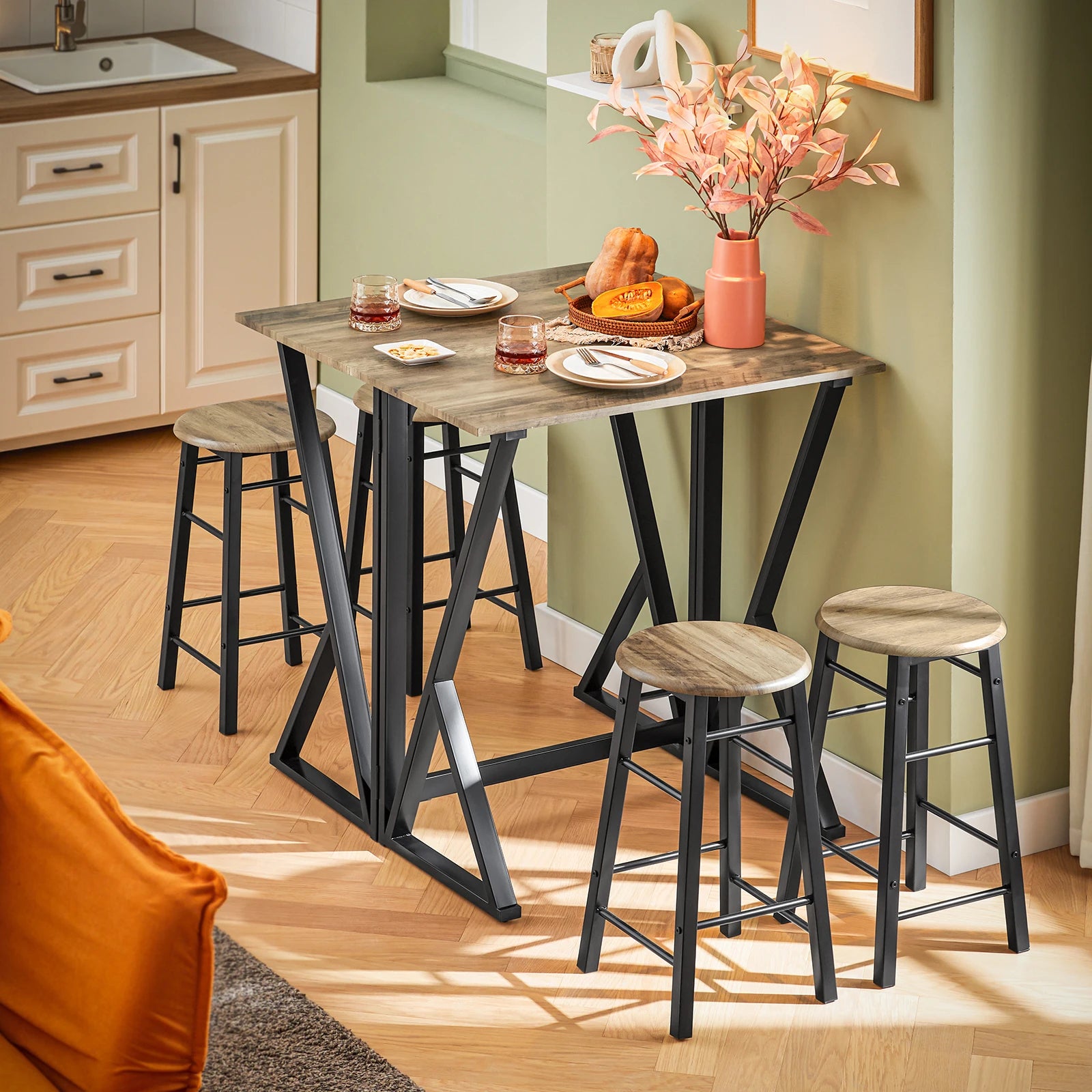 Eettafelset – Klaptafel – Stoelenset – 5-delige Eethoek – Compact – Klapblad – Metalen Frame - Khaki-beige - QUORE
