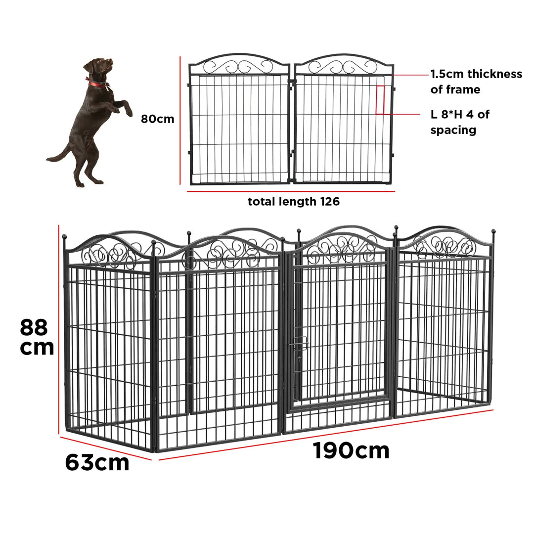 Hondenren – Hondenhok – Hondenkennel – Hondenafzetting – Speelren – 8 Metalen Panelen – Roestbestendig Materiaal - 190 x 63 x 80 cm - Zwart