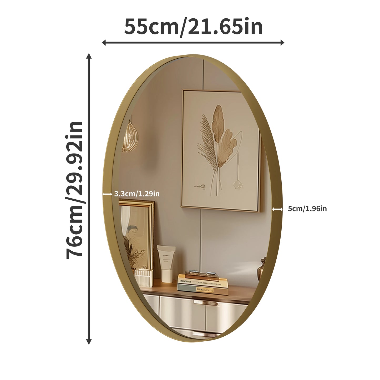 Badkamerspiegel - Ovale Gouden - Wandspiegel – Luxe Goudkleurige Spiegel - met Metalen Frame - Eenvoudige Wandmontage - Geel