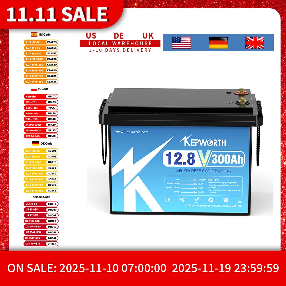 Li-ion Accu – Lithium Accu – LiFePO4 Accu – 12V 300Ah Accu – Deep Cycle Accu – Ingebouwd 200A BMS – Hoge Capaciteit 3840Wh - QUORE