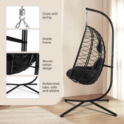 Schommelstoel - Hangende Ei-stoelen - Hangmat -Headrest - met Metalen Standaard - Zitkussen - Draagvermogen 150 kg - voor Tuin - Balkon - Terrasdecoratie - 102 x 100 x 196 cm - Antraciet - QUORE