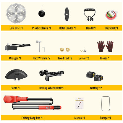 Accu Grastrimmer - Grasmaaier - Bosmaaier - Grastrimmer - Draadloze Strimmer - Telescopische - Opvouwbaar - Verstelbaar - met Wielen - Maaiaccessoires - 2x Batterij - 1000W - 8500 RPM - 24V - 4000mAh - Rood