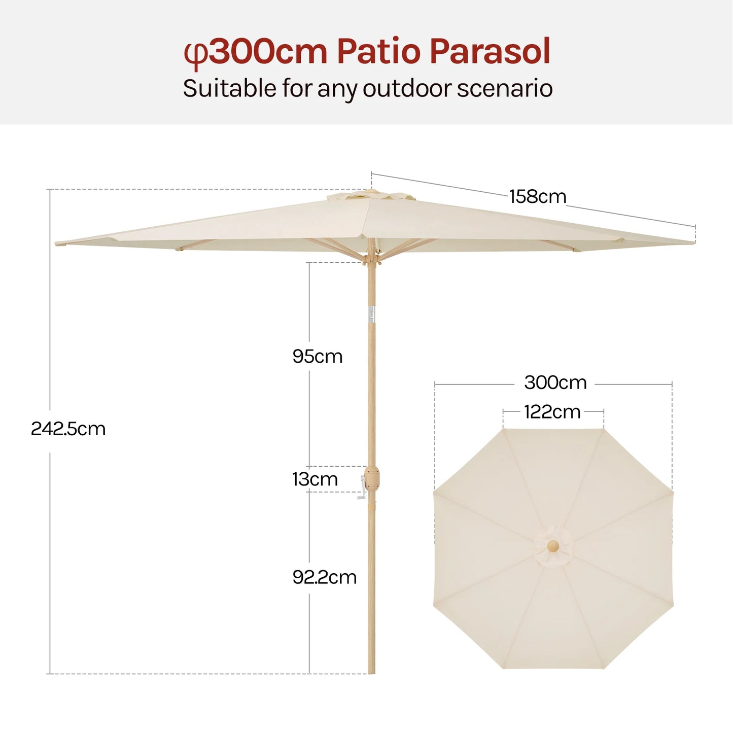 Parasol - Tuinparasol - Strandparasol - Zweefparasol - Balkon Parasol - Grote 300cm Buitenzonwering - met Draaikruk en UPF 50+ Bescherming - Beige