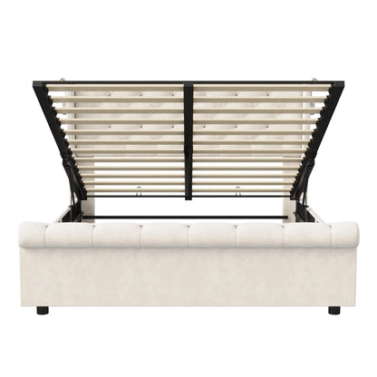 Bed – Slaapbed – Opbergbed – Fluwelen Bed – Led Verlichting – Hydraulisch Opbergvak – Stevig Houten Frame
