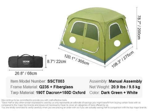 Tent - Strandtent - Kampeertent - 10 x 9 x 6.5 ft - voor 6 Personen - Waterdicht - Lichtgewicht - Backpacking Tent - Gemakkelijk Opzetten - met Deur en Raam - Groen