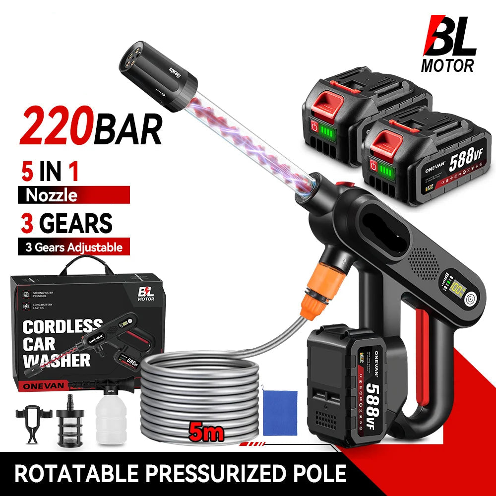 Hogedrukreiniger - Terrasreiniger - Accu - Elektrische - 220Bar  - 5-in-1 - Draadloos Spuitpistool - met 3 Snelheden voor Auto, Tuin en Terras (Zonder Batterij) - QUORE