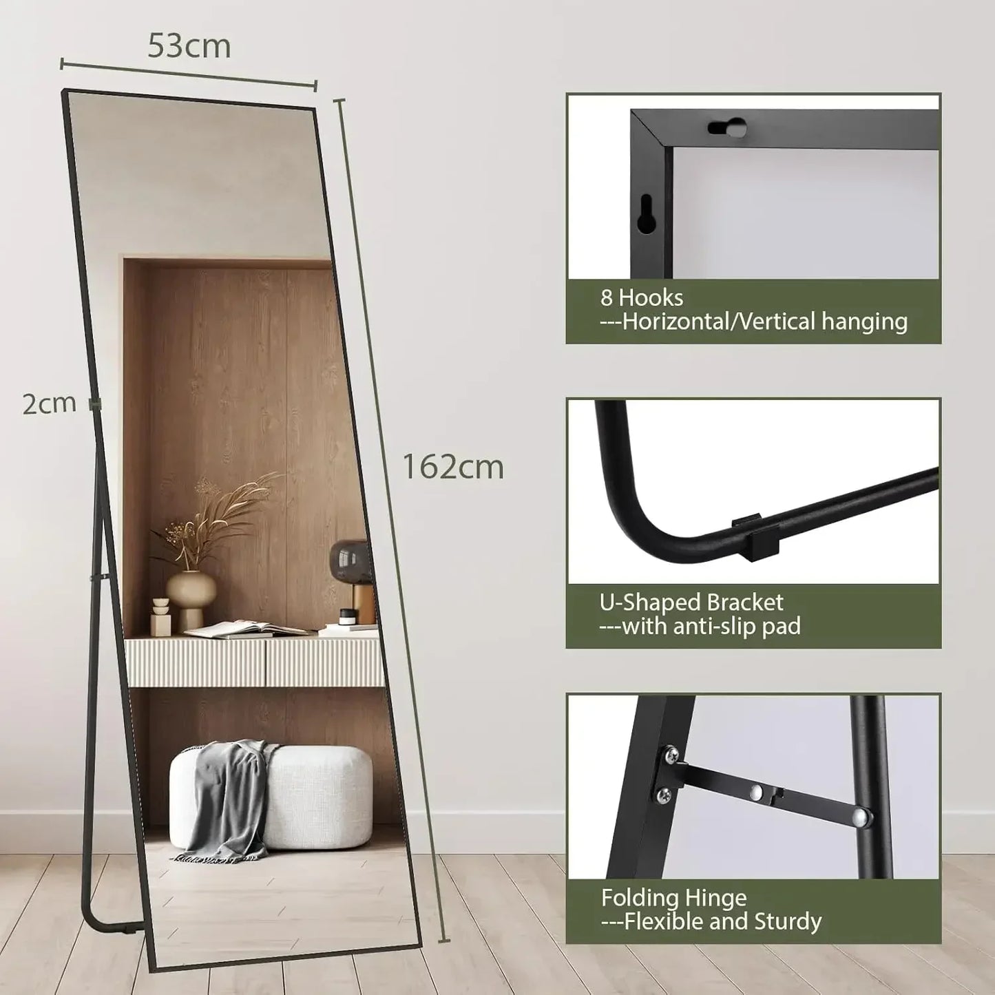 Passpiegel - Speigel - Passpiegel Staand - 162x53cm - Zwart Aluminium Frame – Rechte Hoek – Vrijstaand of Wandmontage