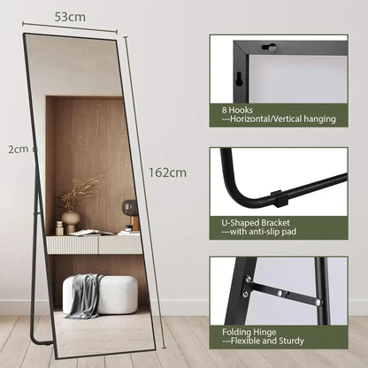 Passpiegel - Speigel - Passpiegel Staand - 162x53cm - Zwart Aluminium Frame – Rechte Hoek – Vrijstaand of Wandmontage