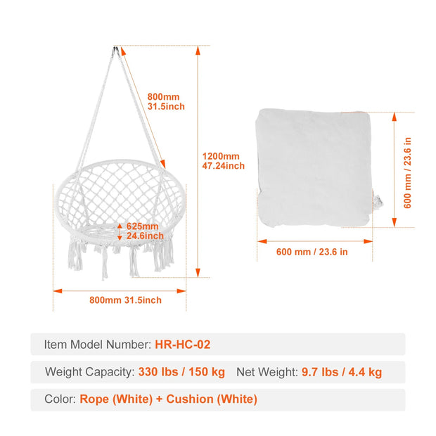 Hangmat - Hangmat voor Twee Personen - Hanging Chair - Hamac - Hammock Chair -  Schommelstoel - 330 lbs capaciteit - Macramé Hangstoel Katoenen Touw - voor Slaapkamer Balkon Patio Tuin - Wit