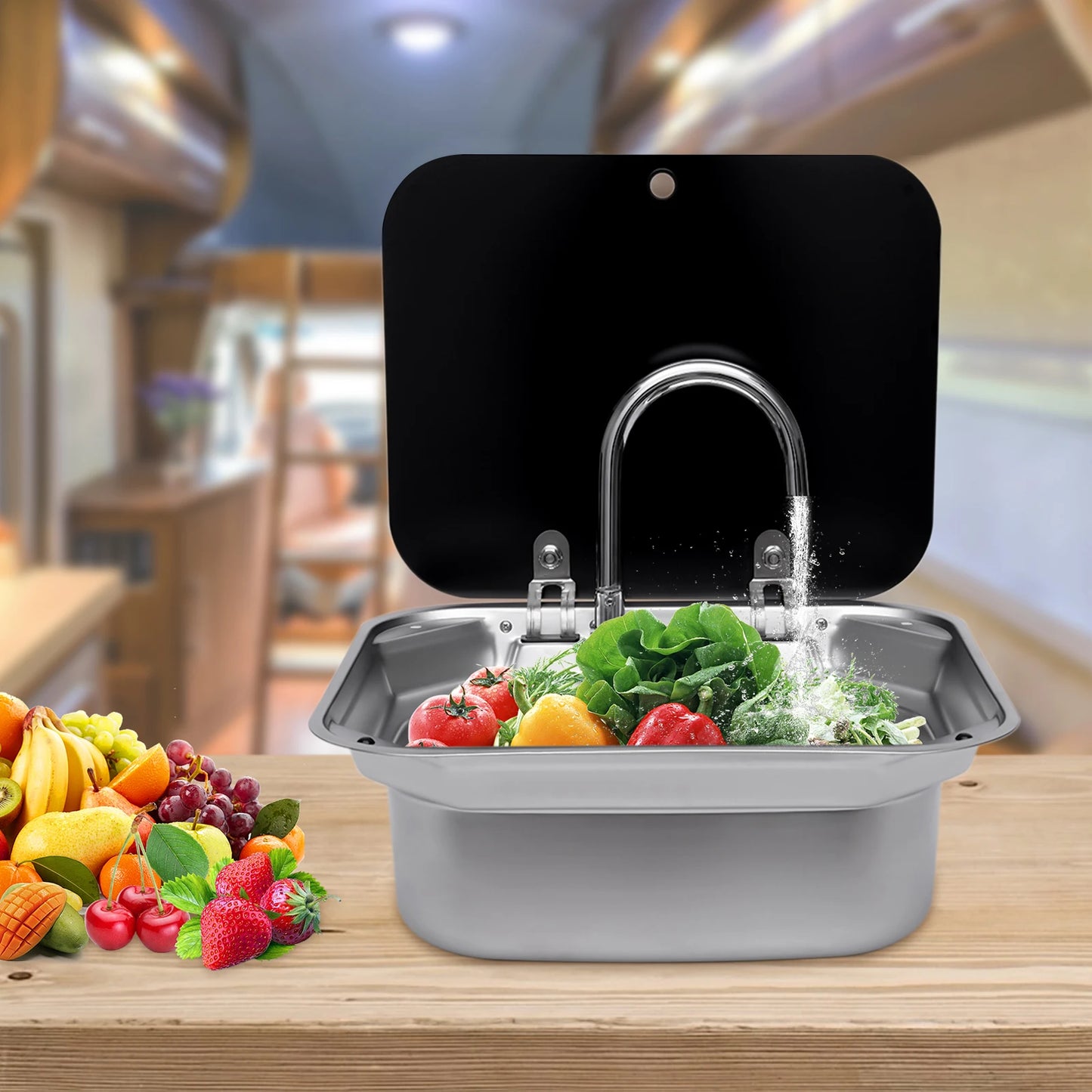 Spoelbak – Compacte Spoelbak – Camper Spoelbak – Kleine Keuken Spoelbak – Roestvrij Staal – Gehard Glas – Inklapbare Kraan