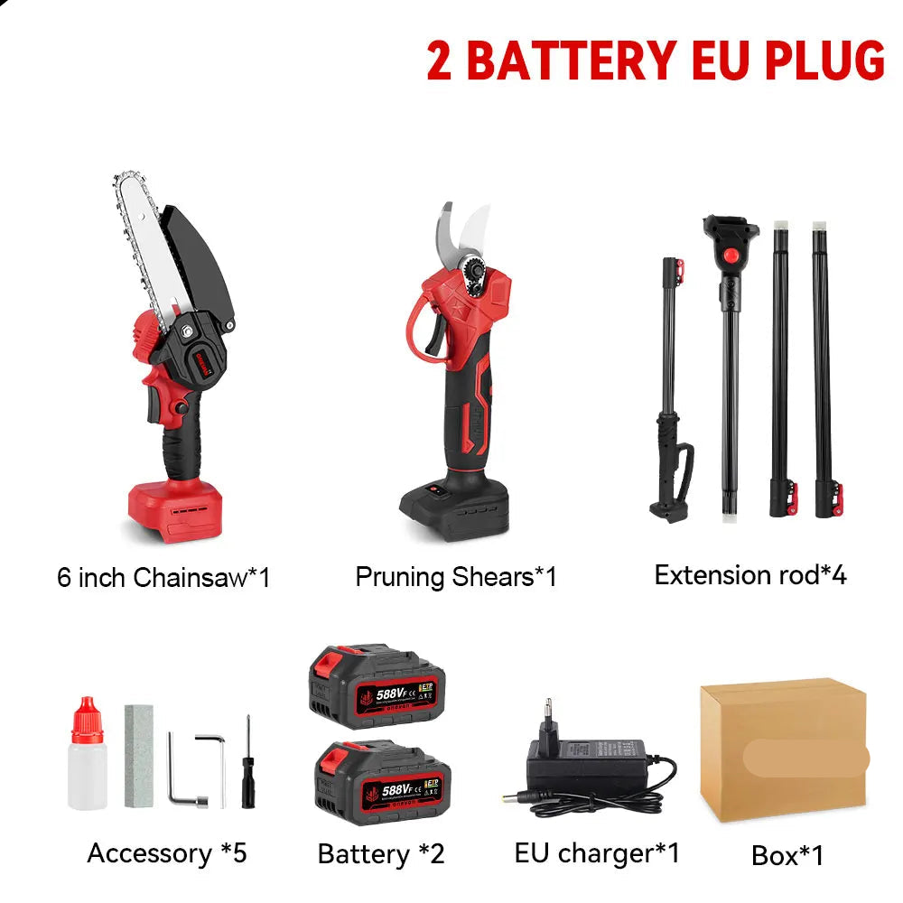 3-in-1 Snoeigereedschap - Accu Kettingzaag - Accu Snoeischaar - Telescopische Zaag -  Draadloze - 3500W - Lichtgewicht - Tuingereedschap - 2 Accu - Rood - QUORE