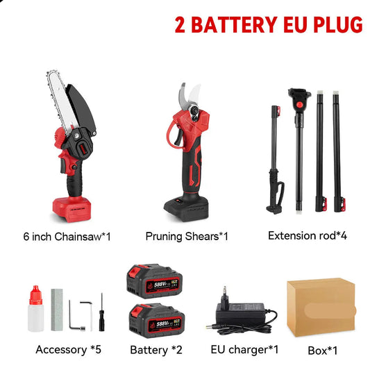 3-in-1 Snoeigereedschap - Accu Kettingzaag - Accu Snoeischaar - Telescopische Zaag -  Draadloze - 3500W - Lichtgewicht - Tuingereedschap - 2 Accu - Rood - QUORE