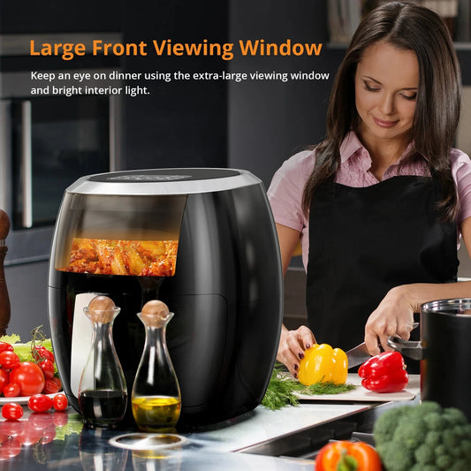 Digitale Airfryer - PFAS vrij - Heteluchtfriteuse - Zwart - Digital screen - 8 Voorinstellingen - Inclusief in hoogte verstelbaar Grillrack - Olievrije kookplaat - met kijkvenster - 8QT Airfryer - Vaatwasserbestendig