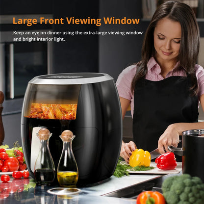 Digitale Airfryer - PFAS vrij - Heteluchtfriteuse - Zwart - Digital screen - 8 Voorinstellingen - Inclusief in hoogte verstelbaar Grillrack - Olievrije kookplaat - met kijkvenster - 8QT Airfryer - Vaatwasserbestendig