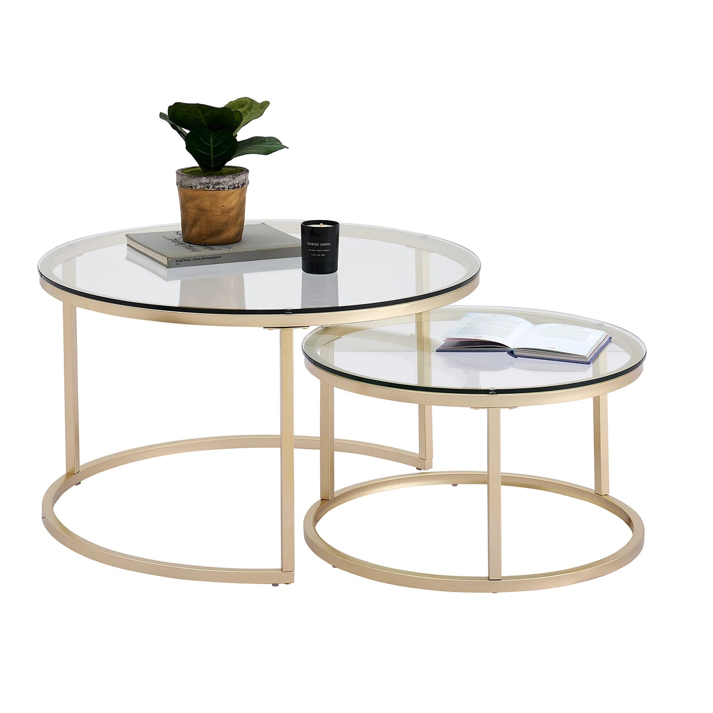Set van 2 Ronde Bijzettafels – Luxe Ronde Salontafels – Bijzettafels van Metaal met Gehard Glas – Stijlvolle Koffietafels – Goudkleurig Frame – Moderne Tafels – 60 cm & 40 cm Diameter