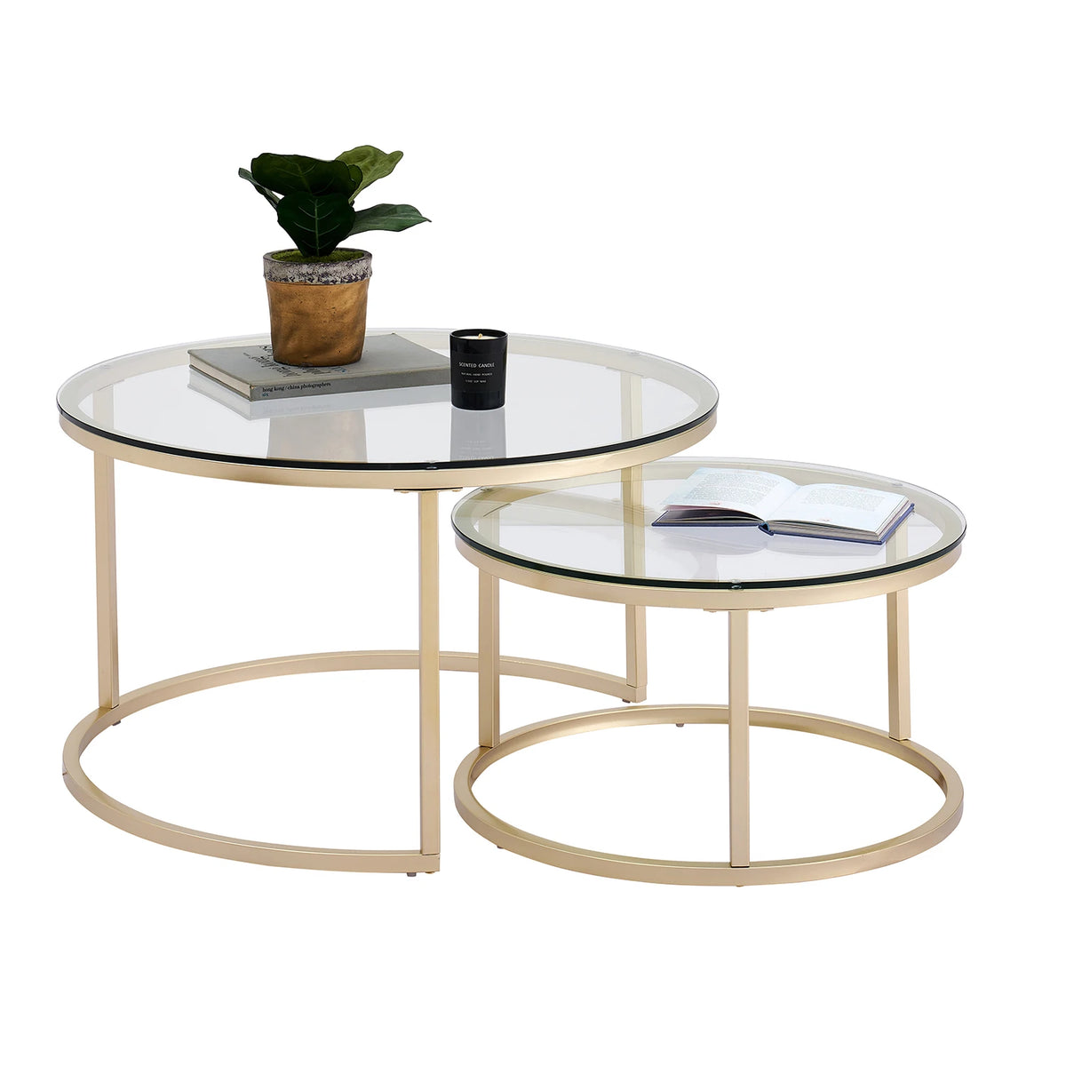2-in-1 Round Coffee Table Set – Industrial Side Table – Steel &amp; Glass – Nesting Tables – 80 cm &amp; 60 cm – Living Room &amp; Apartment