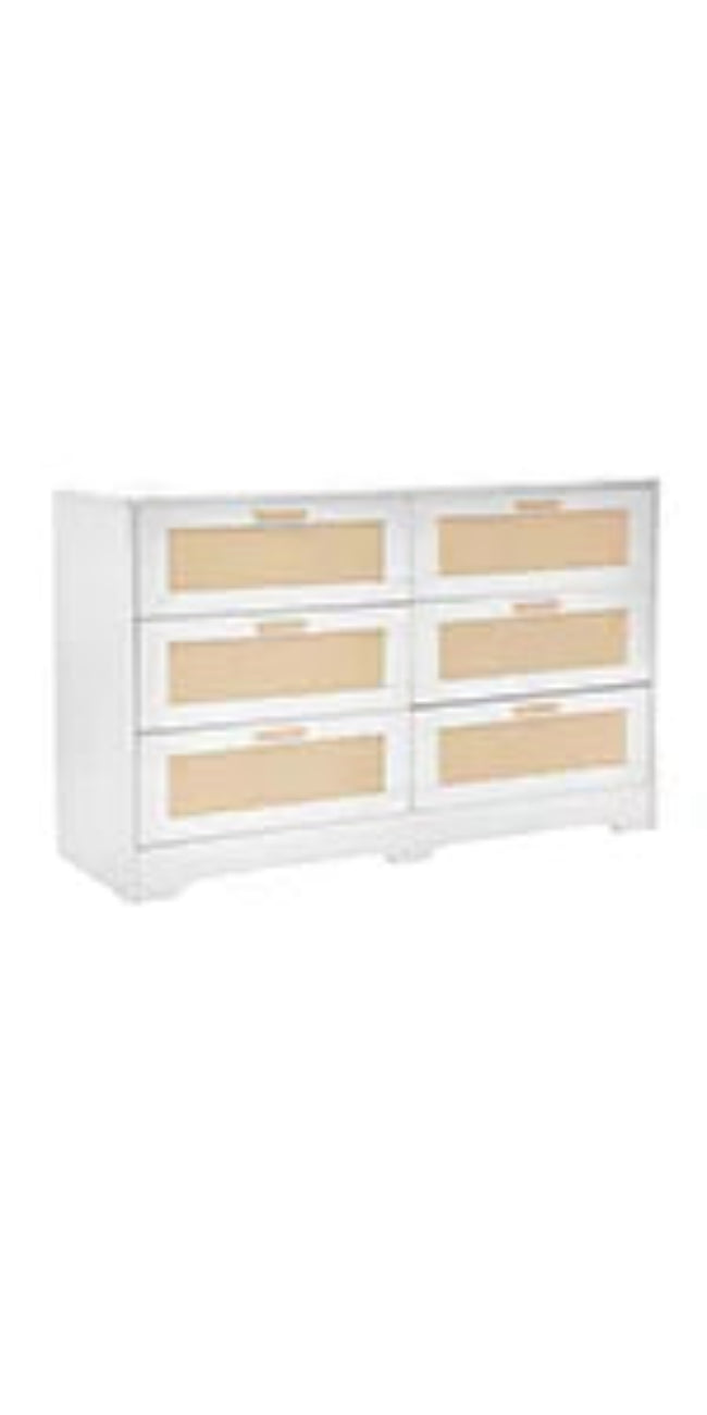 Ladekast – Opbergmeubel – Ladekasten – Opbergkast – Rattan Afwerking – 6 Ruime Lades – MDF Hout - 100 x 40 x 75 cm - Wit