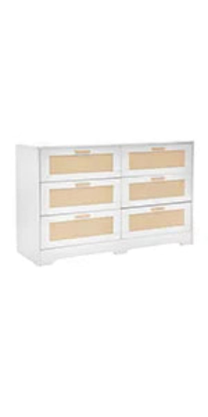 Ladekast – Opbergmeubel – Ladekasten – Opbergkast – Rattan Afwerking – 6 Ruime Lades – MDF Hout - 100 x 40 x 75 cm - Wit