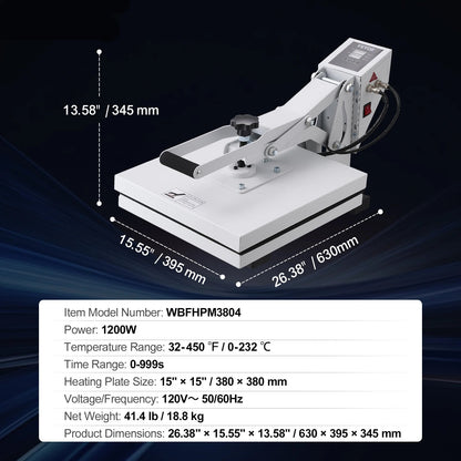 Warmtepers – Transferpers – Textielpers – Sublimatiepers – Persmachine – 15 x 15 inch Oppervlakte – Digitale Temperatuur- en Timerregeling