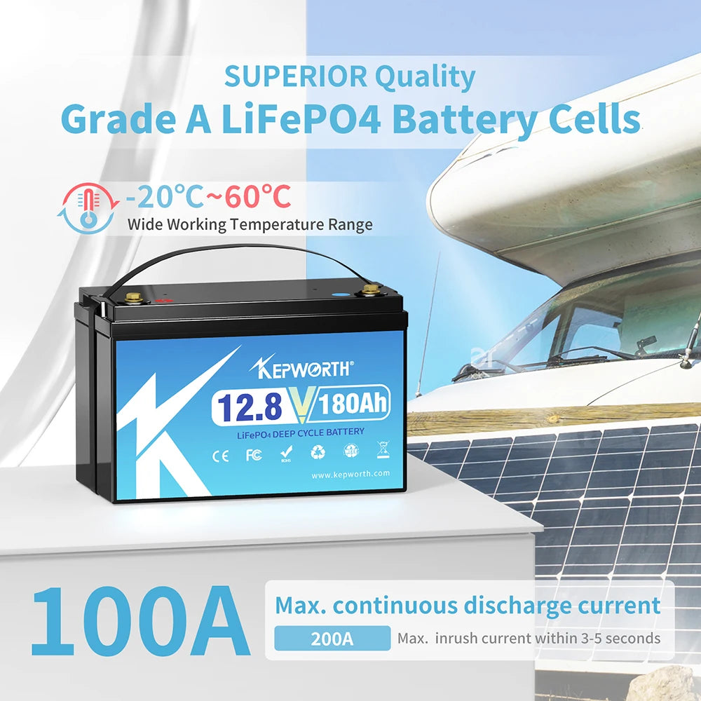 12V 180Ah LiFePO4 Accu – Deep Cycle Accu – Lithium Accu – Bootaccu – Camper Accu – Hoge Capaciteit – Geïntegreerd BMS Veiligheidsysteem