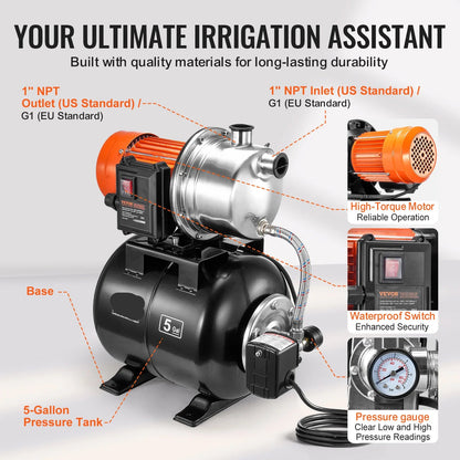 Ondiepe Bronpomp - Tuinpomp - Waterpomp - met 5-Gal Druk Tank - Draagbare Jetpomp - 1000GPH / 1320GPH Automatische Irrigatie Waterversterker Pomp voor Tuin en Grond - Elektrische